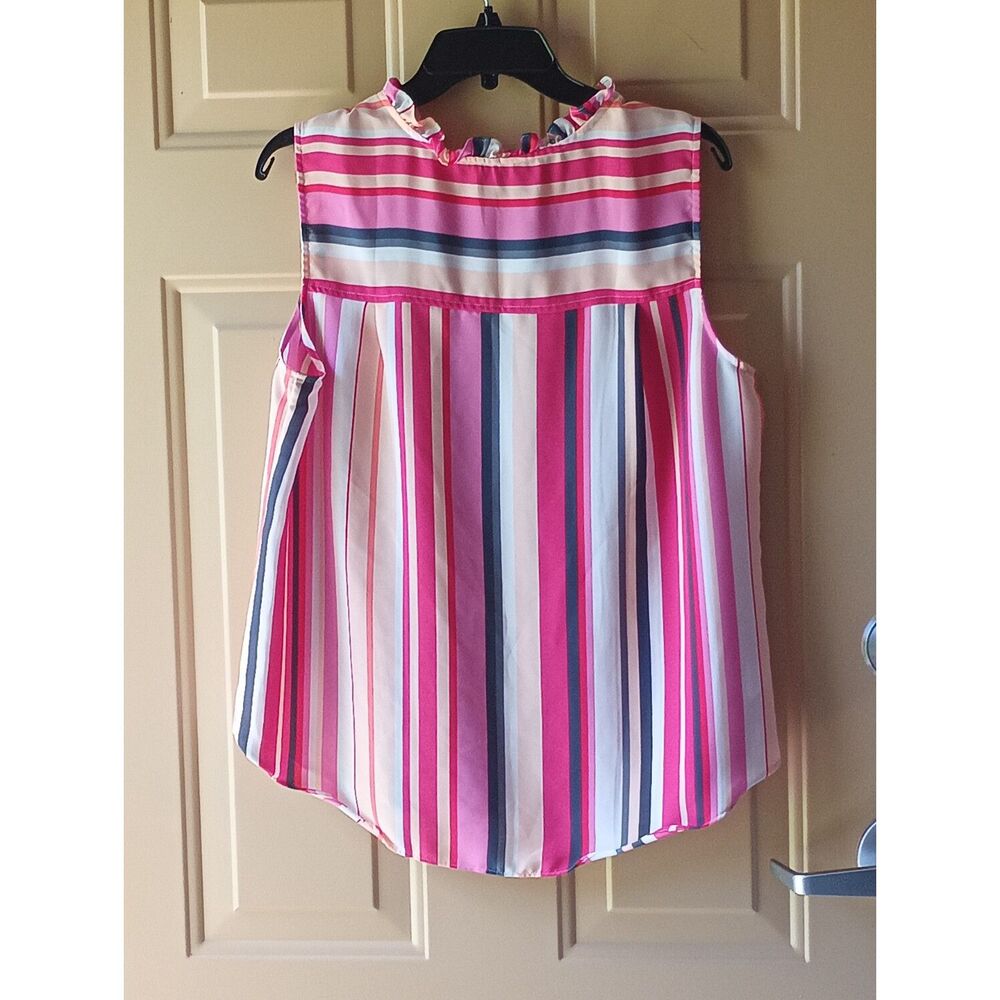 LOFT Outlet Striped Sleeveless Ruffle Collar Blouse Button-Shoulder Detail L - Picture 2 of 5